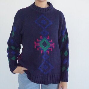 Vintage E Sprint Navy Southwestern Aztec Geometric Cotton Knit Sweater S
